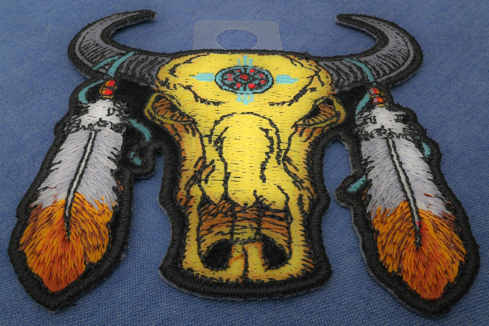 Small Buffalo Head Feathers Patch – Embroidered Iron-On Patch ( 3.5 x 3.5 inches )